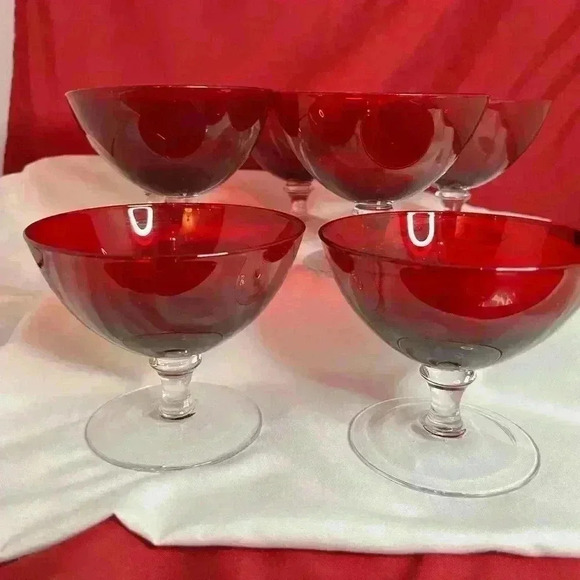 Vtg. 7-  Cranberry Glass, footed Sherbet glasses/ wafer stems - Picture 3 of 7